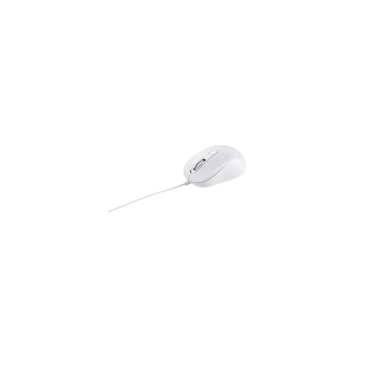 Eine weiße Computermaus mit Kabel liegt auf weißem Grund.