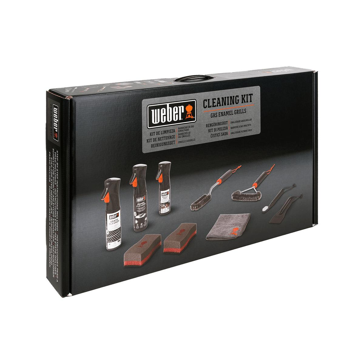 Scatola kit pulizia griglia smaltata a gas Weber con spazzole, spray, spugne e panno.