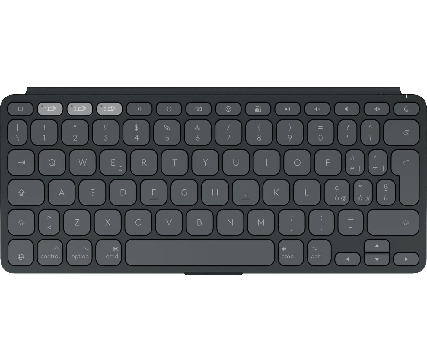 Eine dunkle Tastatur mit beleuchteten Tasten und Symbolen.
