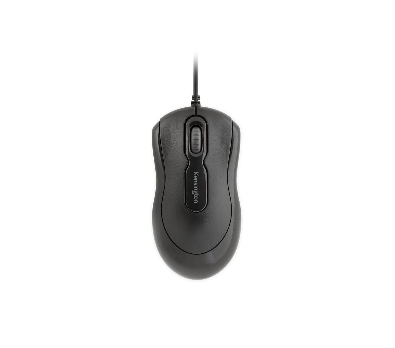 A dark, wired computer mouse with a scroll wheel and Kensington logo.