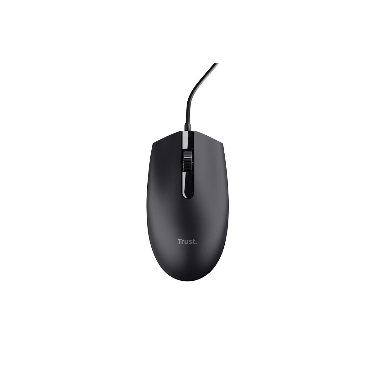 A black computer mouse with a cable and scroll wheel on a white background.
