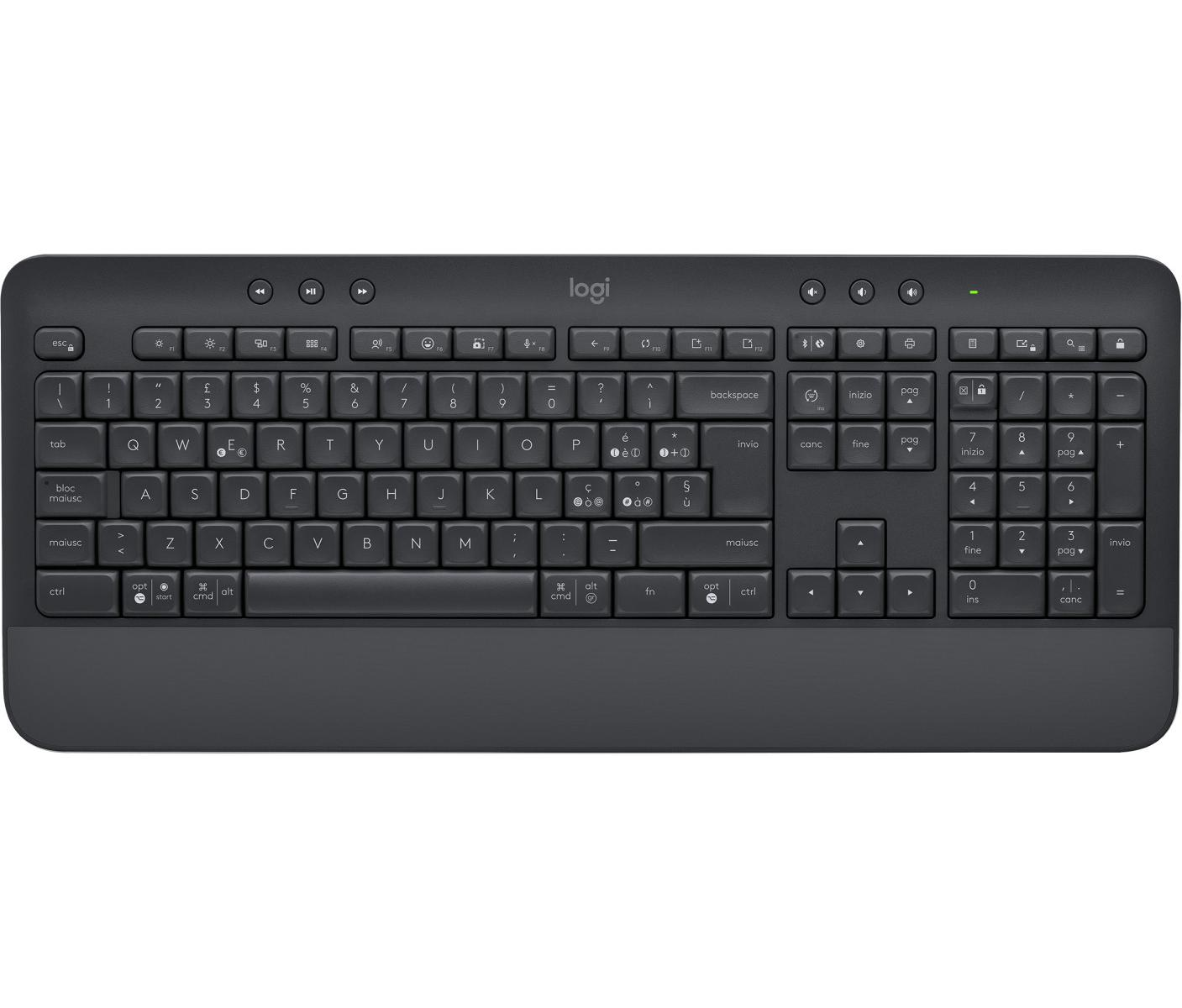 Una tastiera Logitech scura con layout QWERTZ e tasti multimediali in alto.
