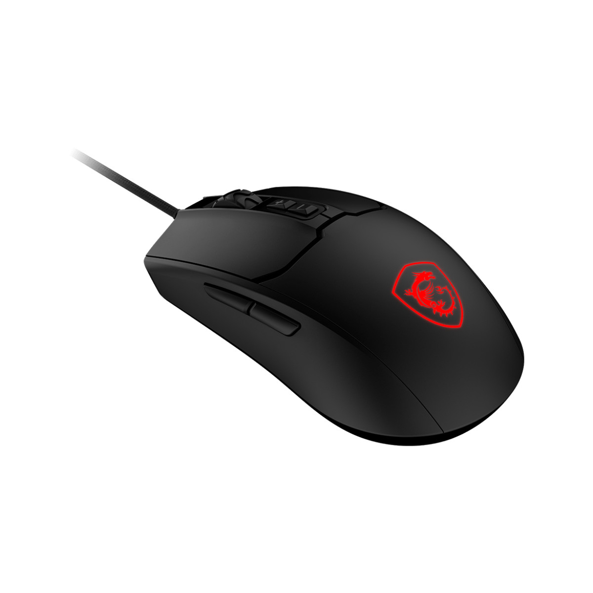 Zwarte gamingmuis met rood drakenlogo en kabel.