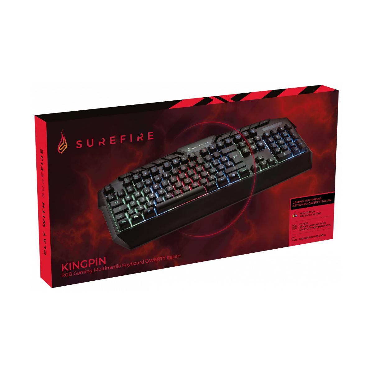 Tastiera Surefire nera con illuminazione RGB e layout QWERTY italiano sulla confezione.