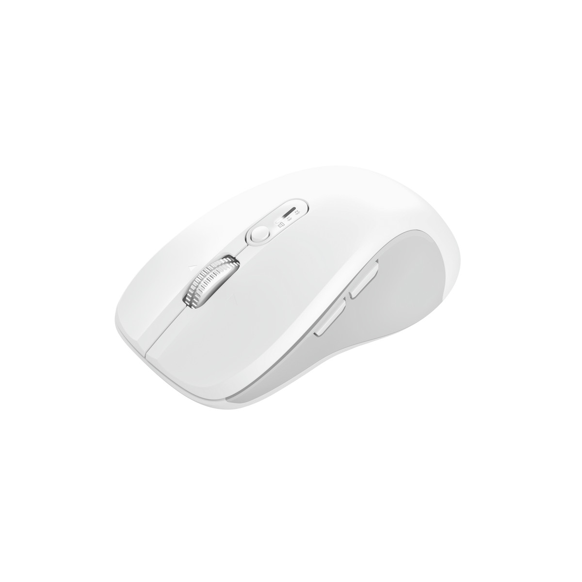 Een witte draadloze muis met zilveren accenten en een scrollwiel.