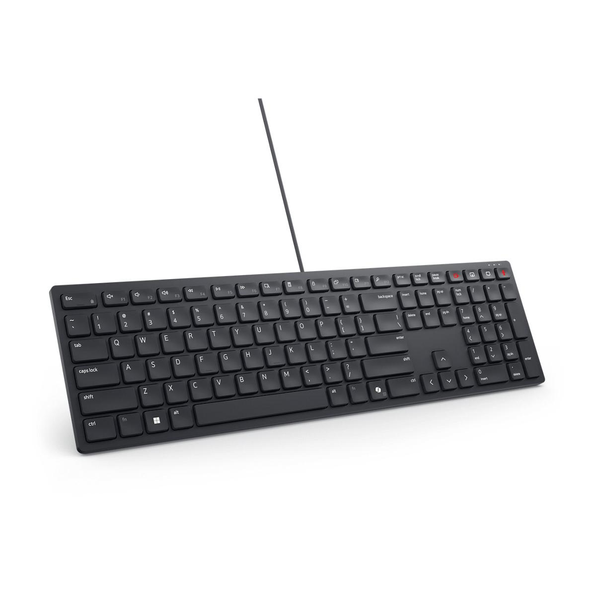 Schwarze Tastatur mit Kabel, weier Hintergrund.