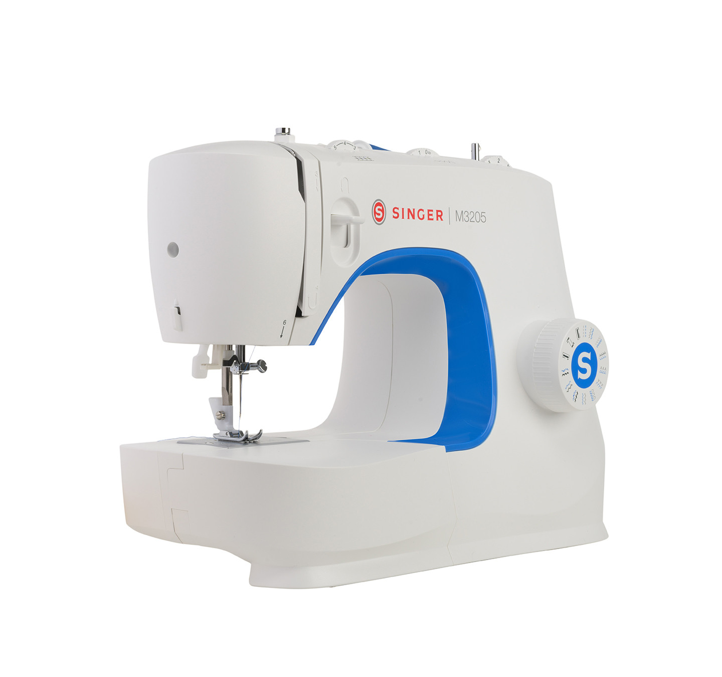 Una macchina da cucire Singer M3205 bianca con accento blu e ago argentato.