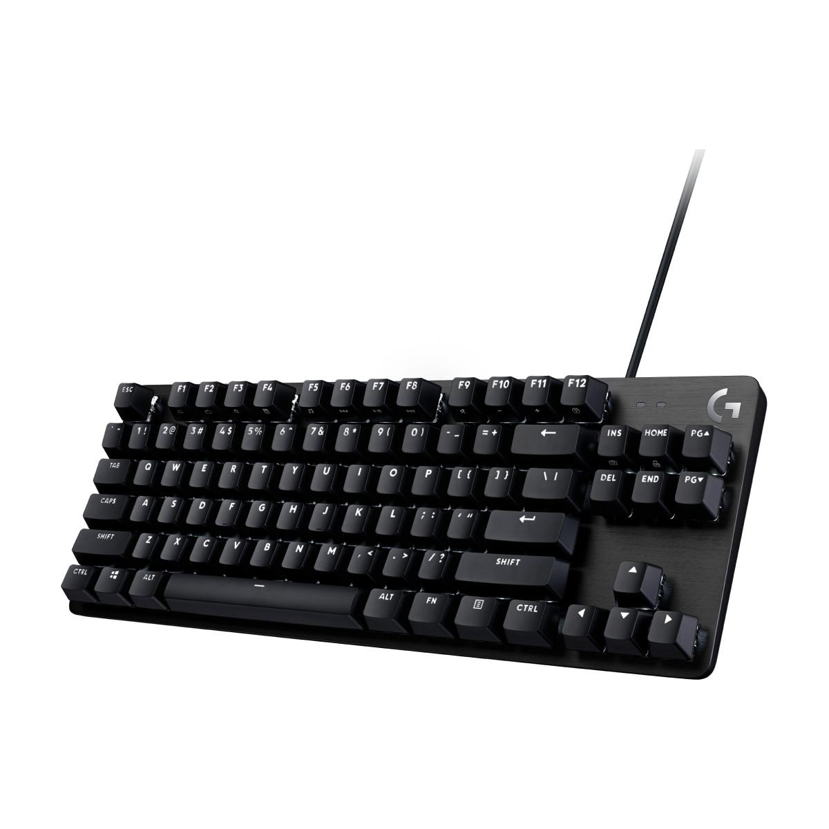 Tastiera meccanica da gaming nera con logo Logitech argentato e cavo.