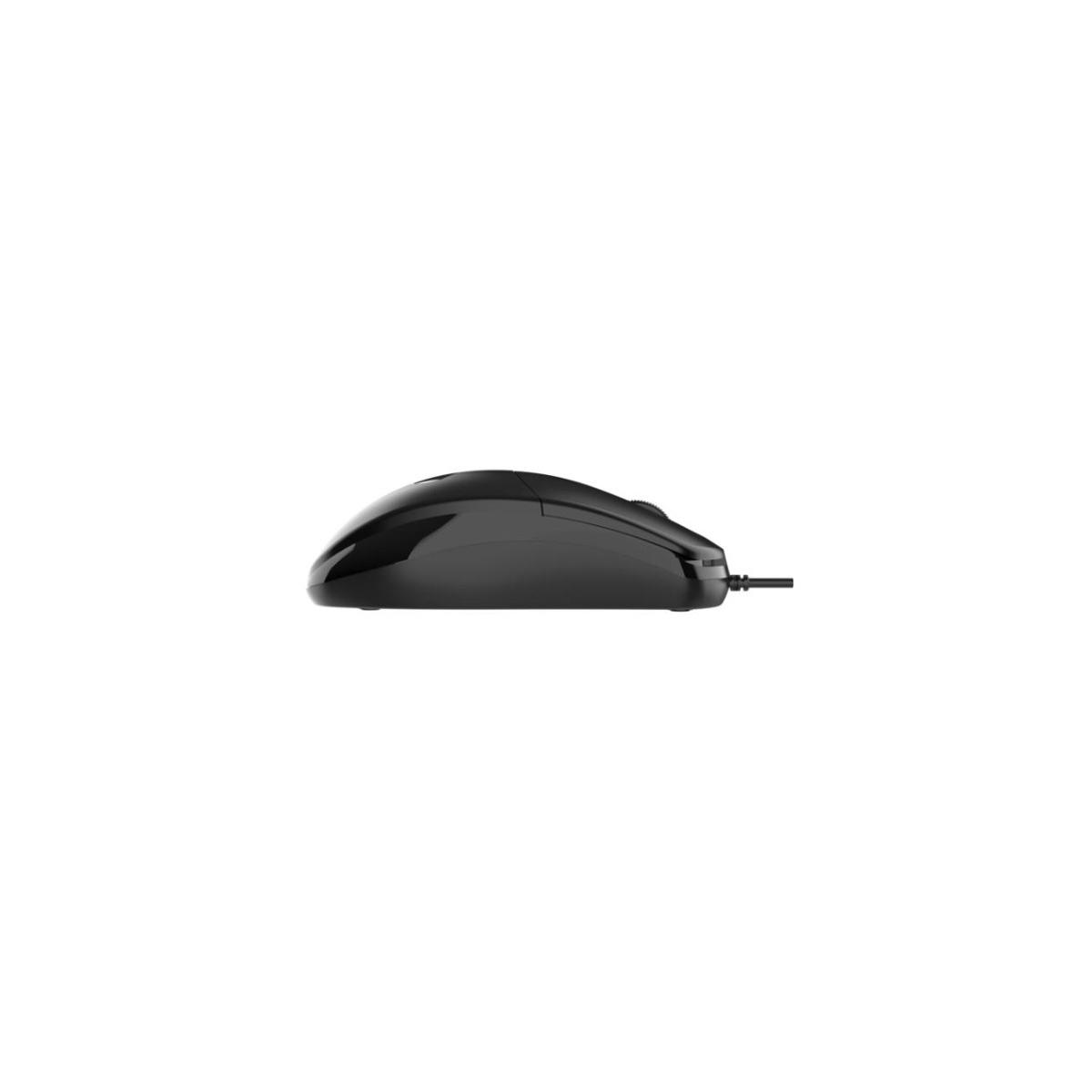 Un mouse del computer nero con cavo su sfondo bianco.