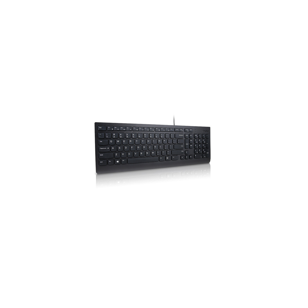 Schwarze Lenovo-Tastatur mit Kabel auf weißem Hintergrund.