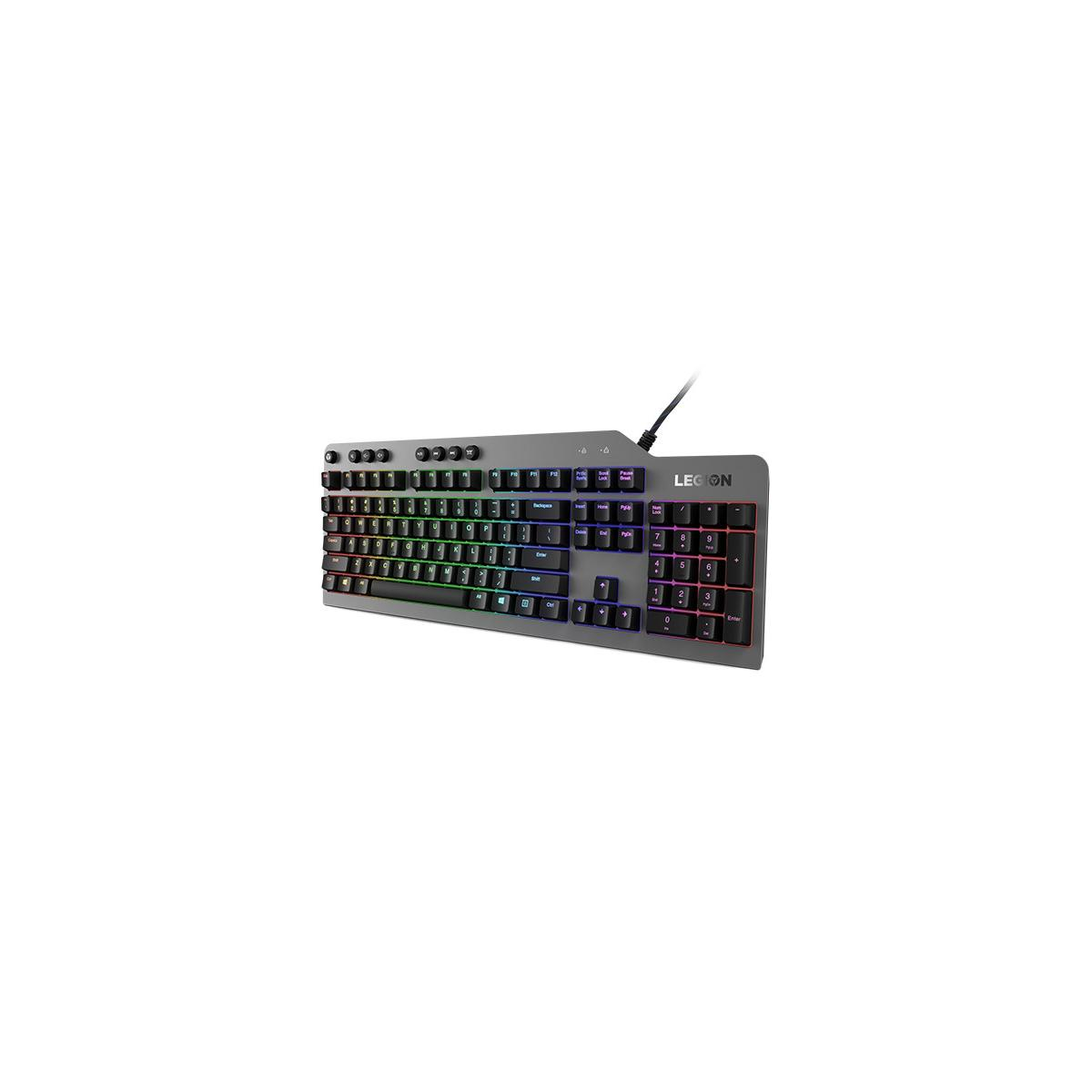Graue Tastatur mit RGB-Beleuchtung und NUM-Block, mit dem Logo 'LEGION'.