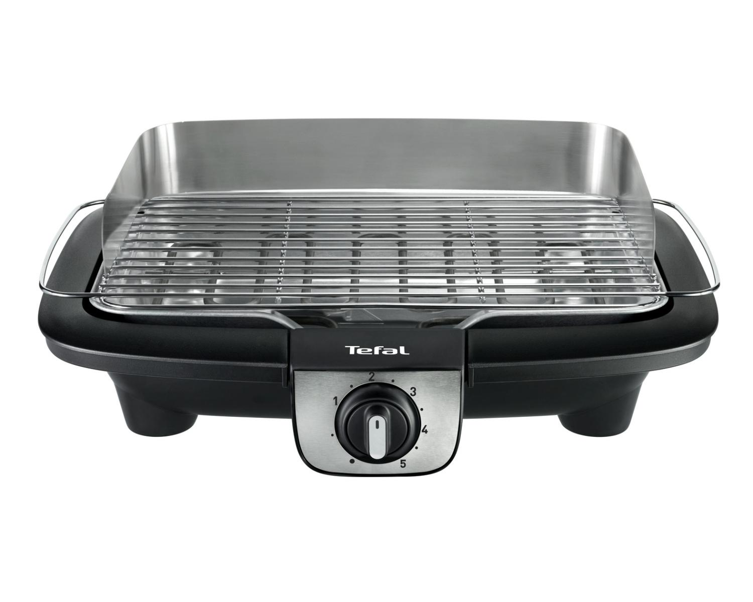 A black Tefal electric grill with a chrome grate and splash guard.