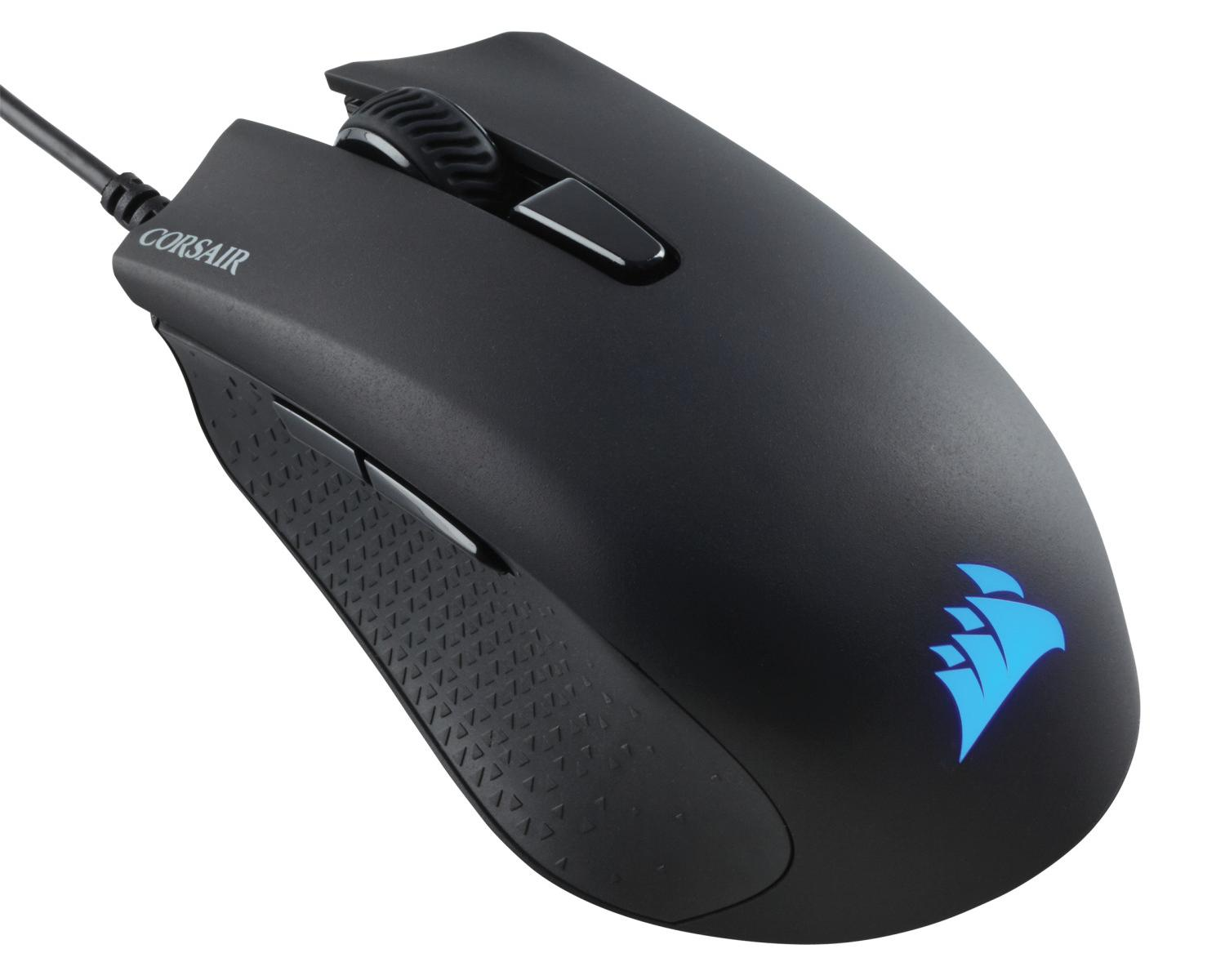 Mouse gaming nero con logo blu e impugnatura testurizzata.