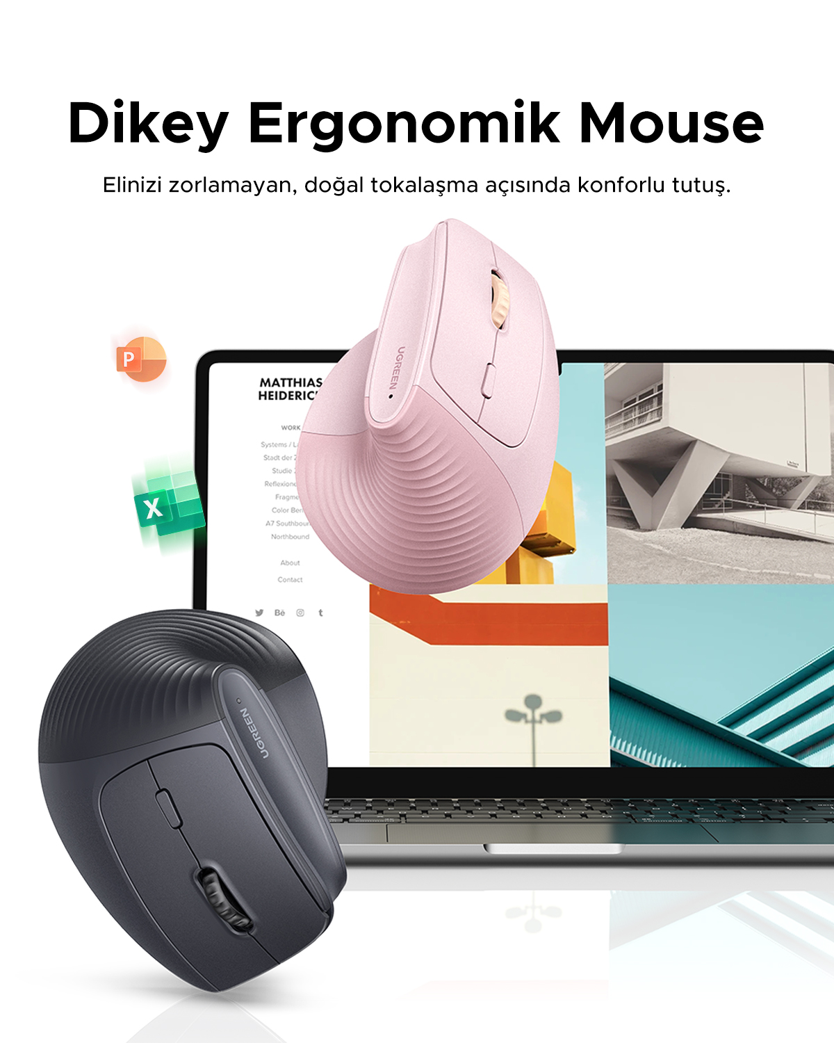 Dwa ergonomiczne myszy, jeden różowy i jeden ciemnoszary, obok laptopa.