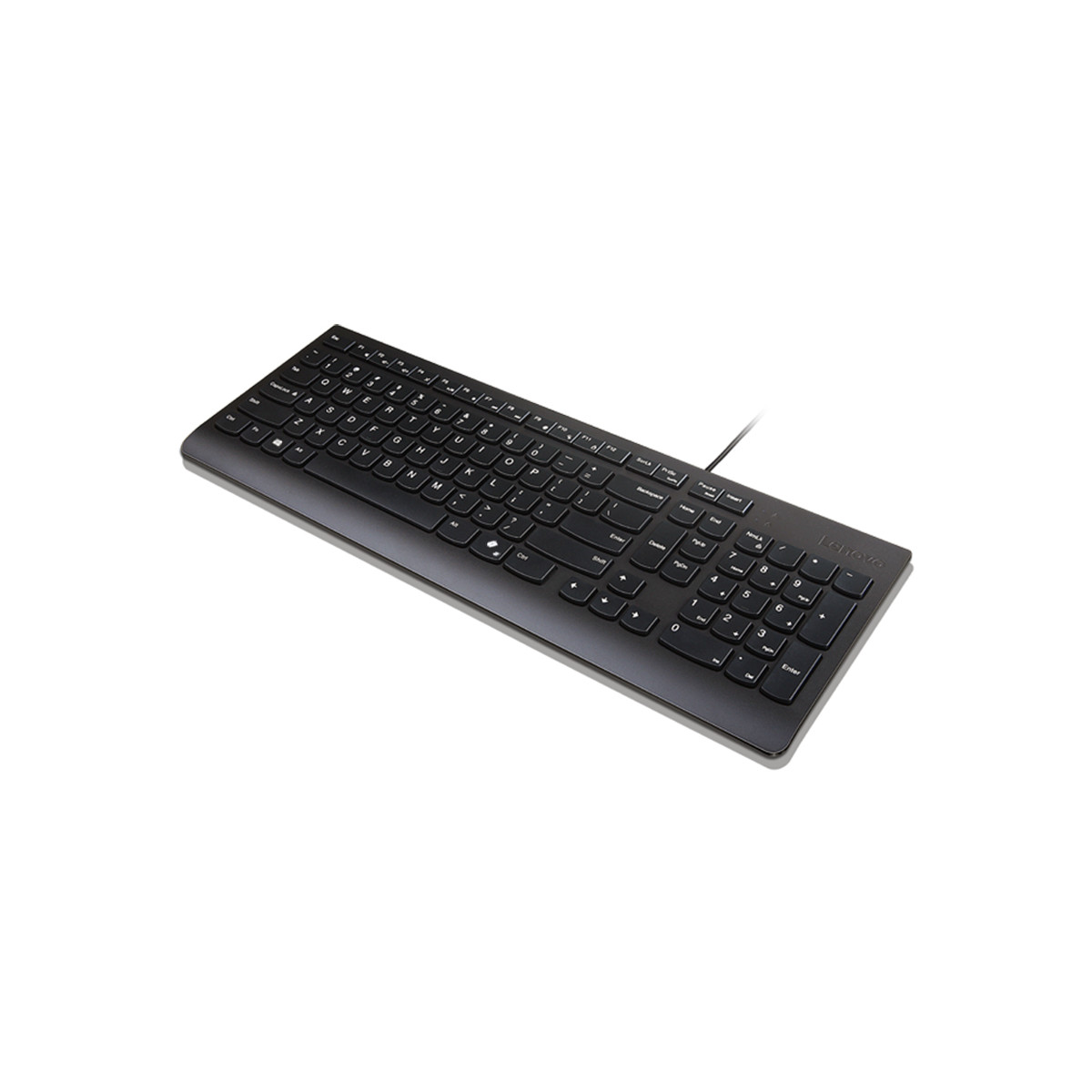 Una tastiera Lenovo nera cablata con tastierino numerico è mostrata su sfondo bianco.