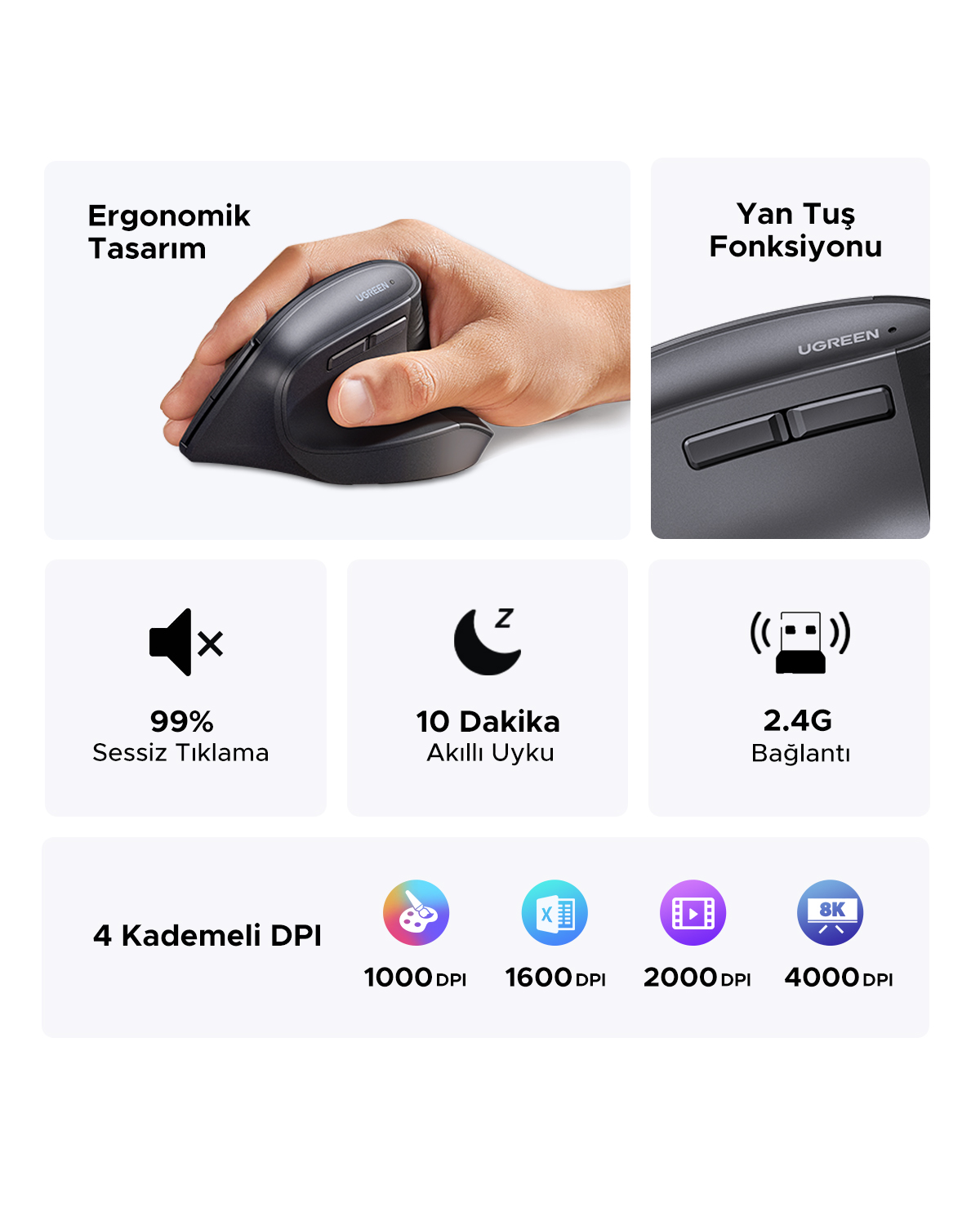 Mysz ergonomiczna z cichym kliknięciem, trybem uśpienia i łącznością 2,4G.