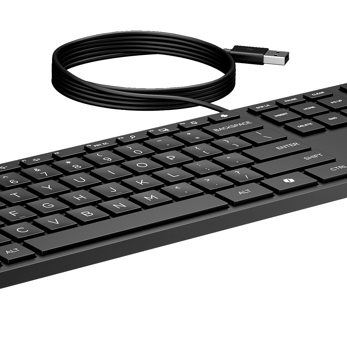 Zwart toetsenbord met opgerold USB-kabel. Close-up.
