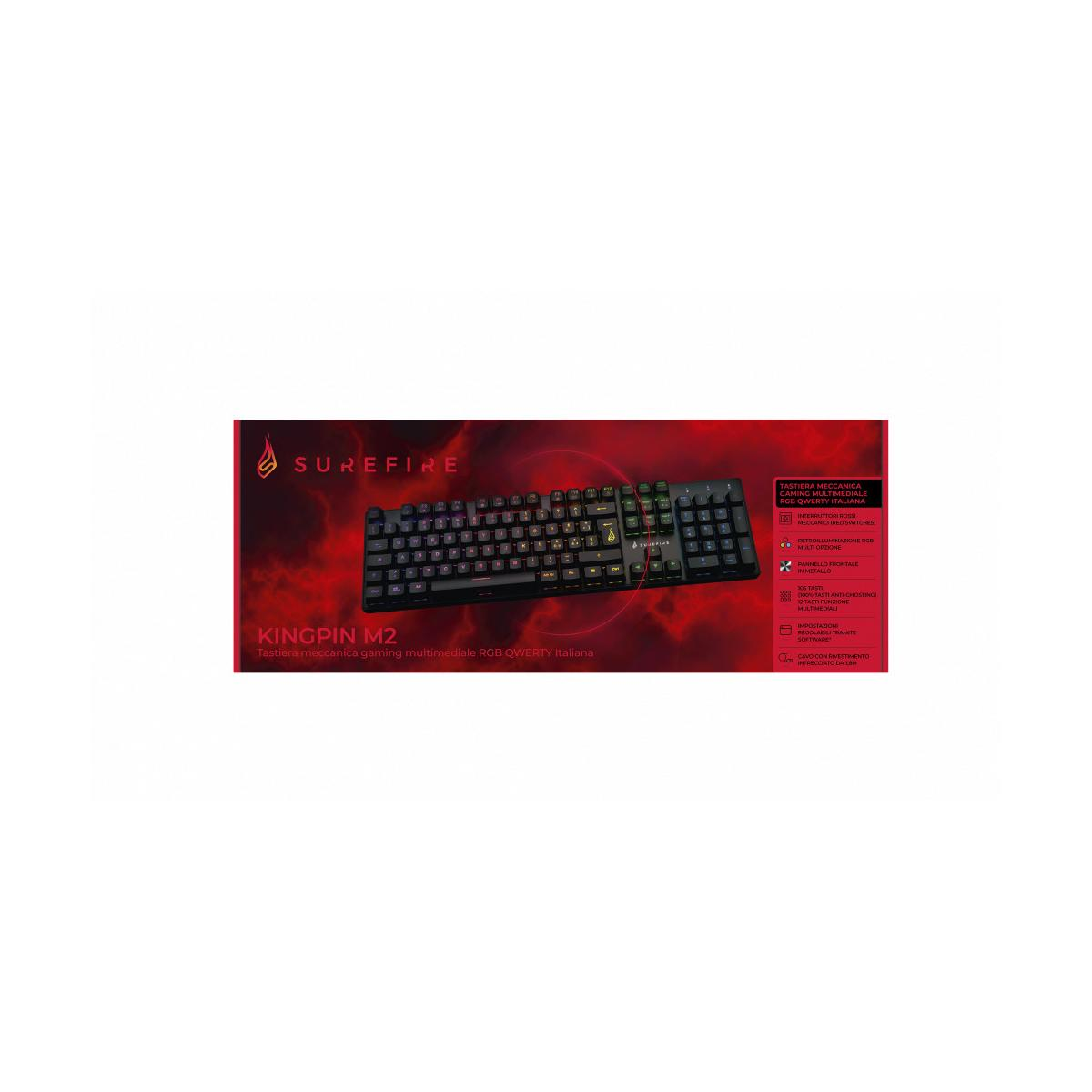 Una tastiera gaming Surefire Kingpin M2 con illuminazione RGB e frontale in metallo.