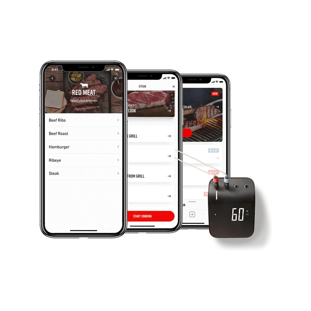 Tres smartphones muestran app de cocina. Un dispositivo negro con 60° en pantalla.