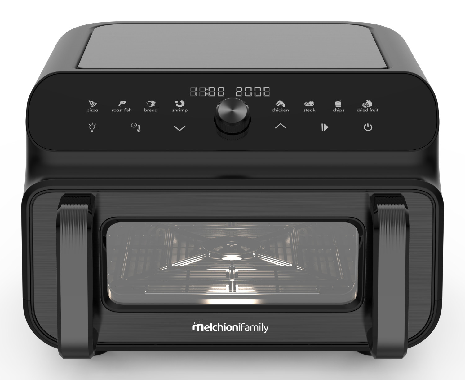 Forno friggitrice ad aria nero con display digitale e preimpostazioni.