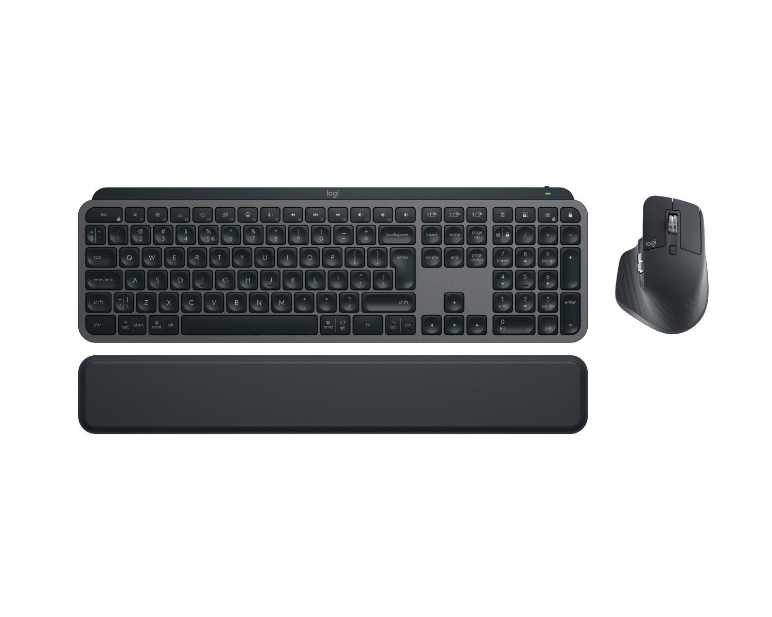 Tastiera, mouse e poggiapolsi Logitech grigio scuro su sfondo bianco.