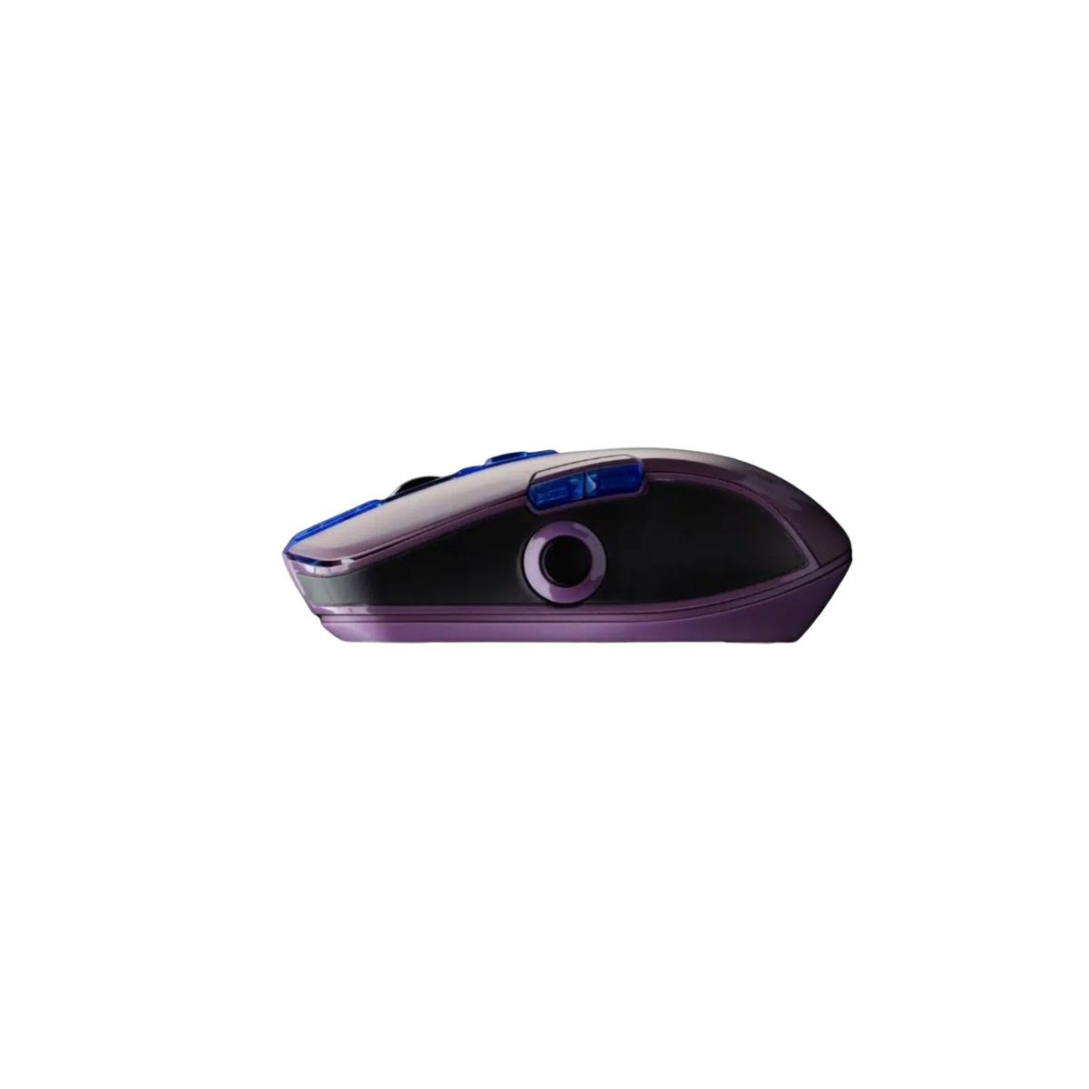 Un mouse viola con pulsanti blu e rotellina nera su sfondo bianco.