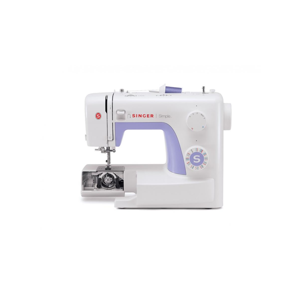 Una máquina de coser Singer Simple blanca con detalles morados.