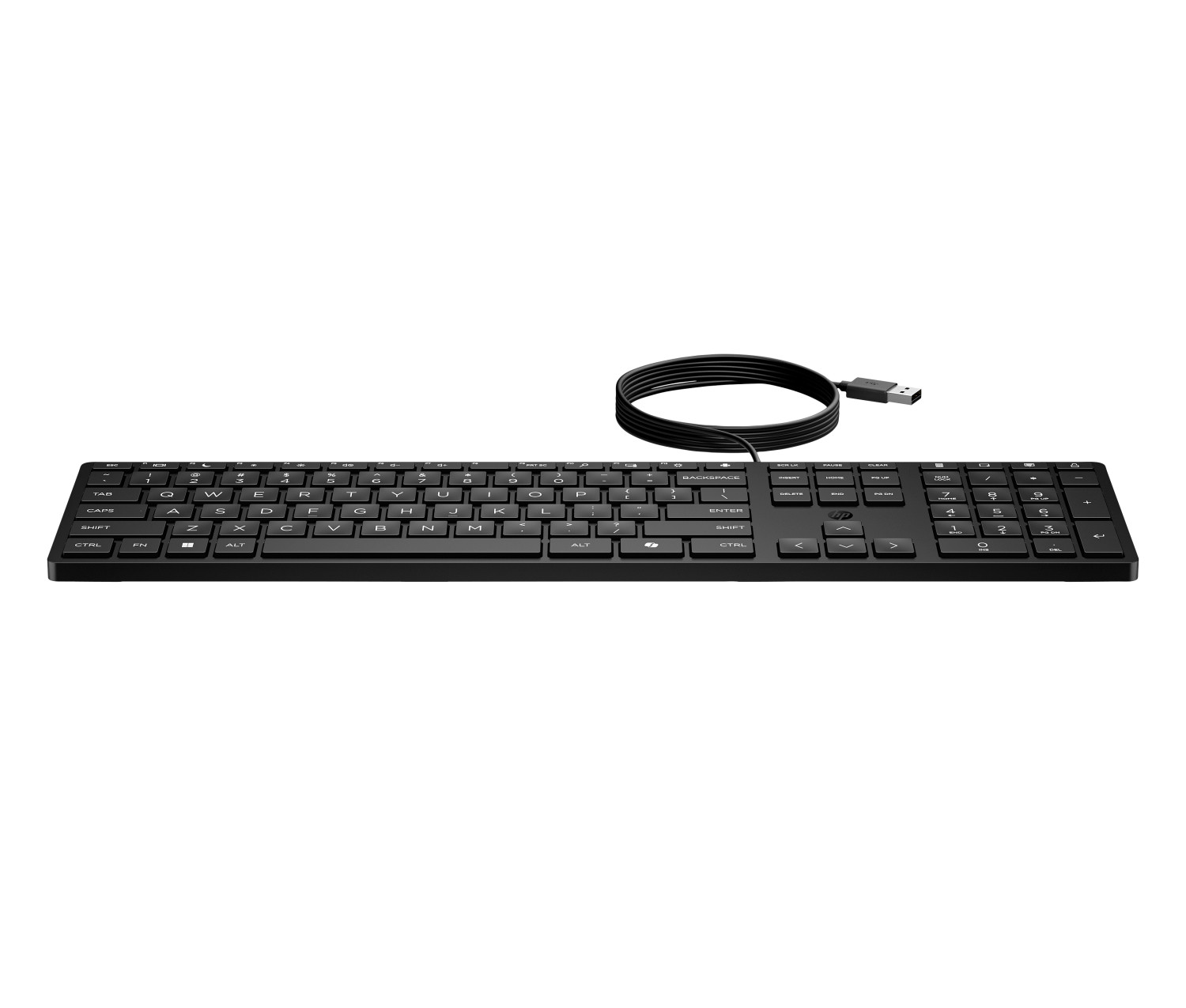 Teclado negro con cable USB, sobre fondo blanco.