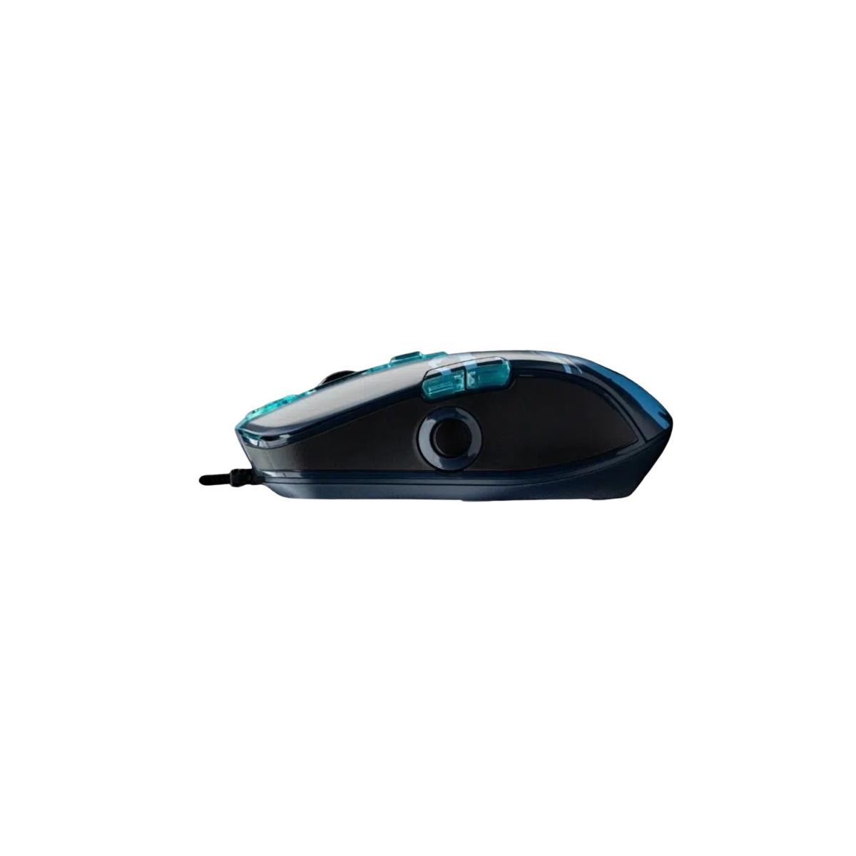 Zwarte computermuis met blauwe accenten, van de zijkant op witte achtergrond.
