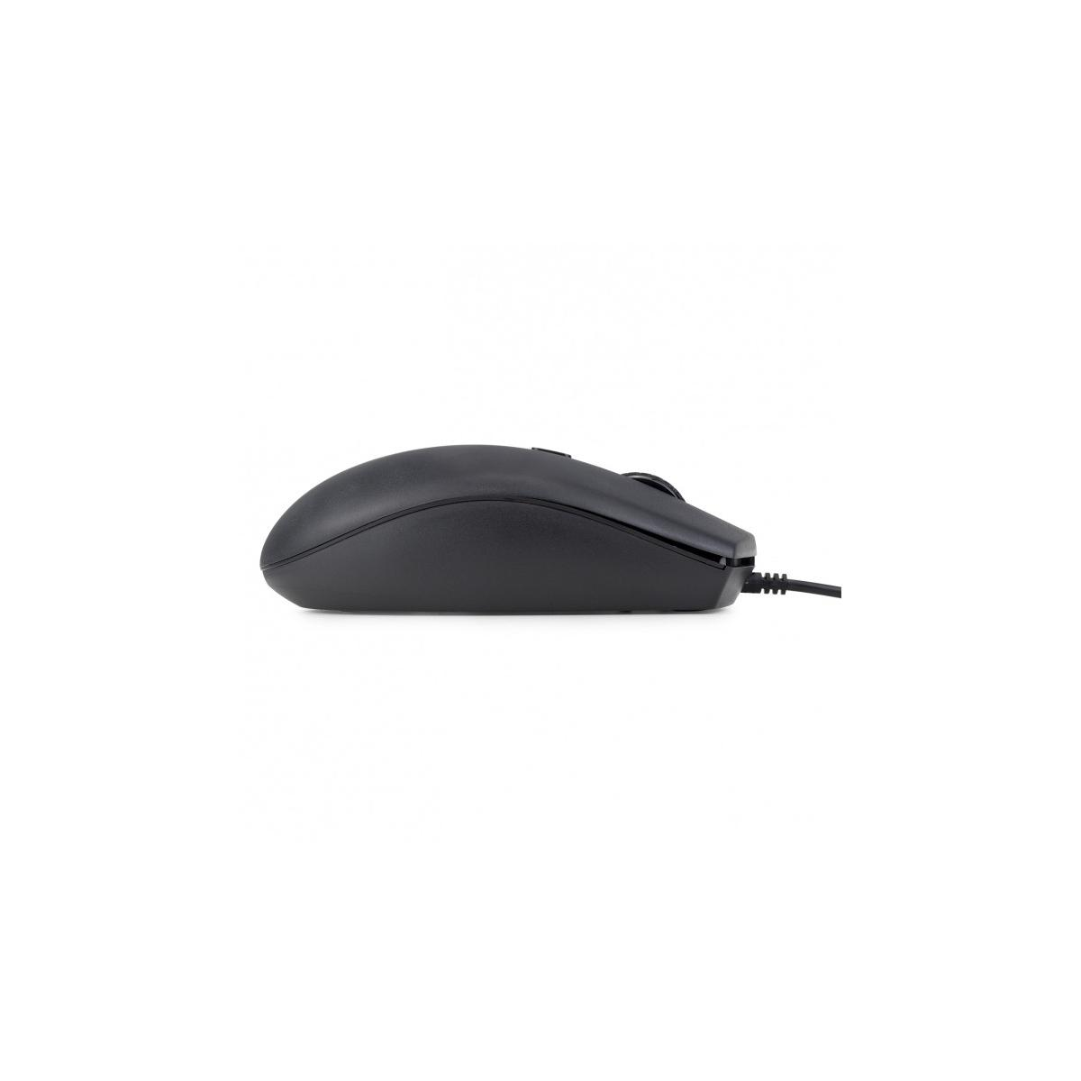 Black computer mouse with wire, shown from the side on a white background.