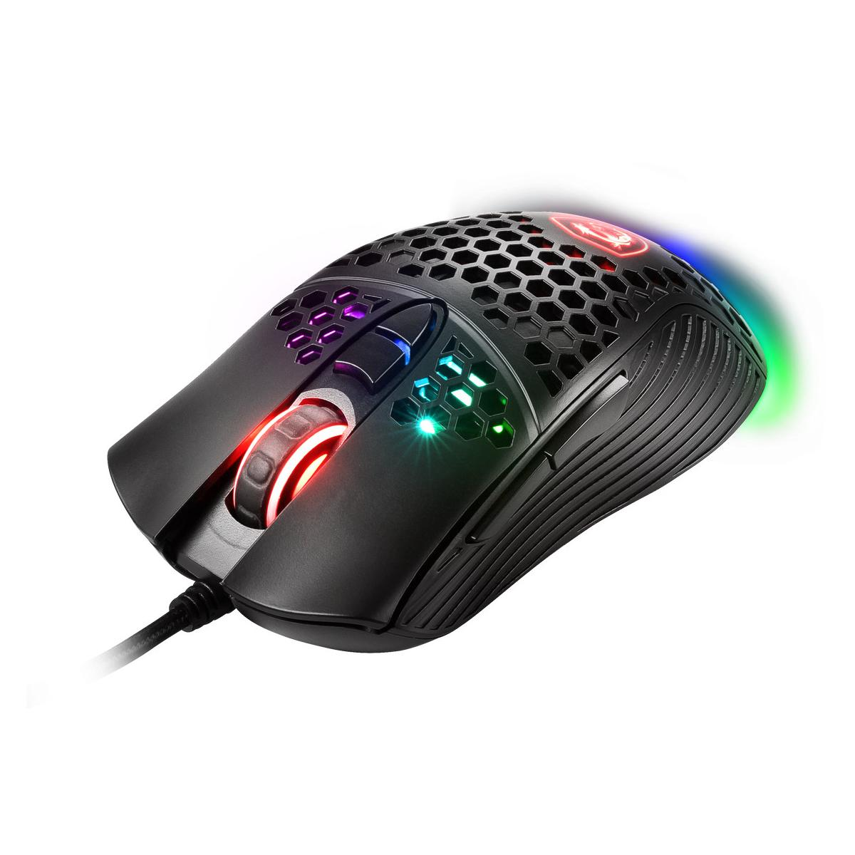 Ratón gamer negro con patrón de panal y iluminación LED colorida.