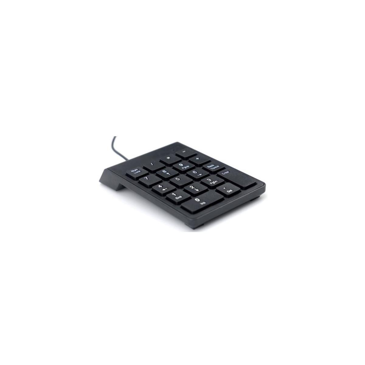 Tastierino numerico nero con cavo su sfondo bianco.