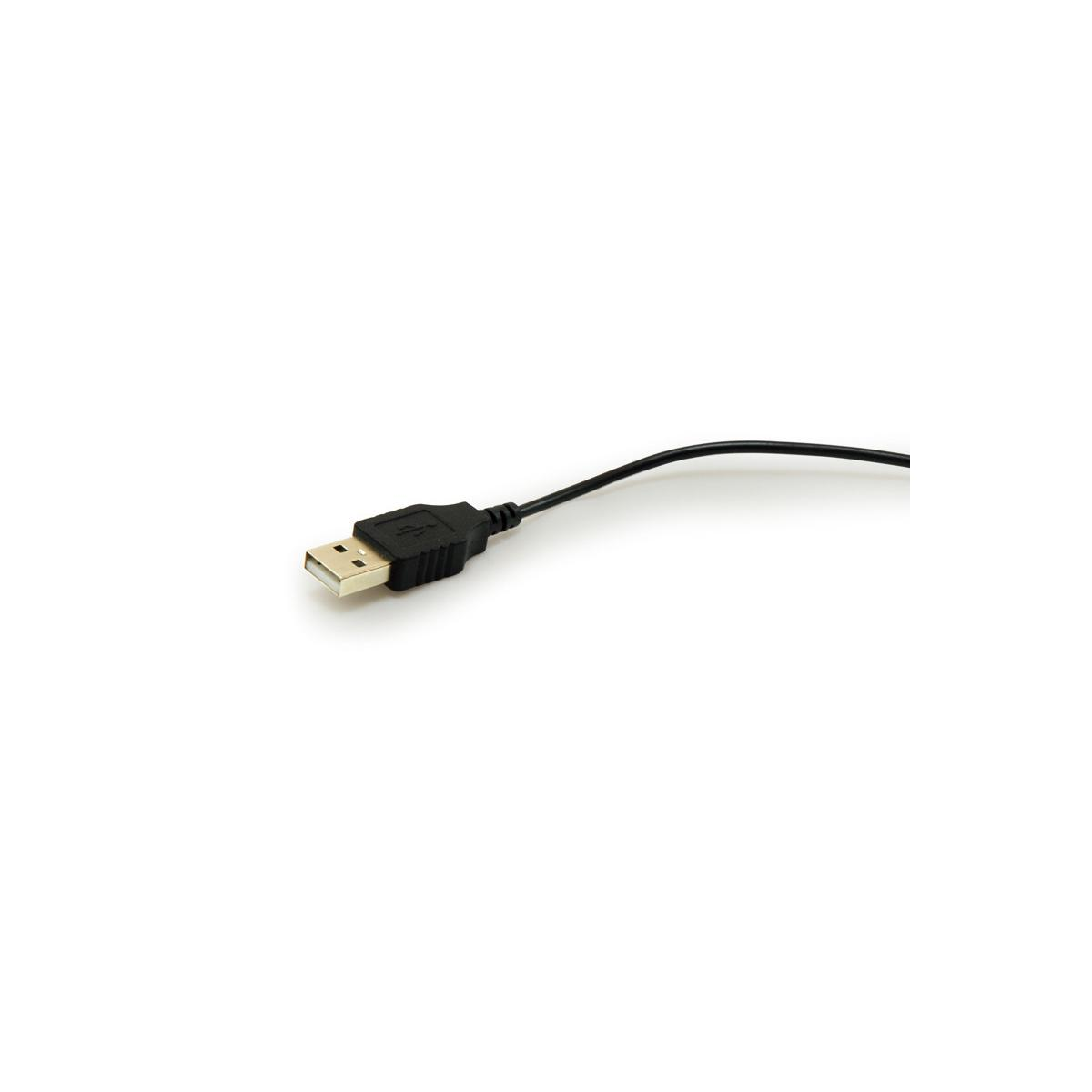 Un cable USB negro con su conector en el lado derecho, sobre fondo blanco.
