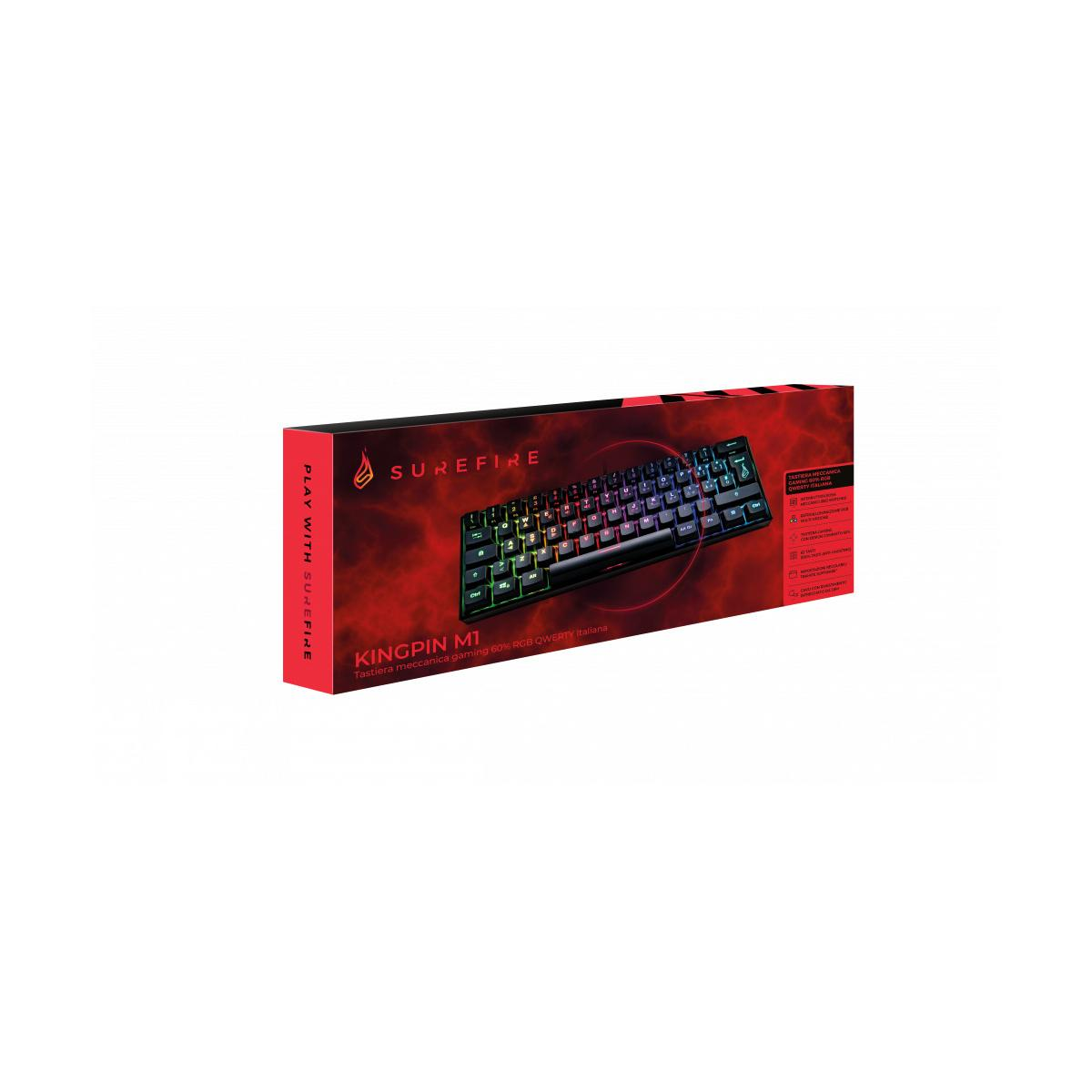Tastiera gaming Surefire Kingpin M1 nera con illuminazione RGB su scatola rossa e fumosa.