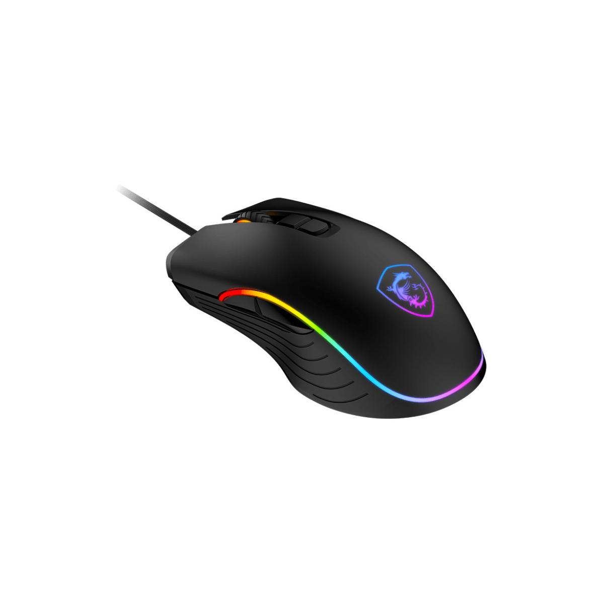 Zwarte gamingmuis met RGB-verlichting en MSI-logo.