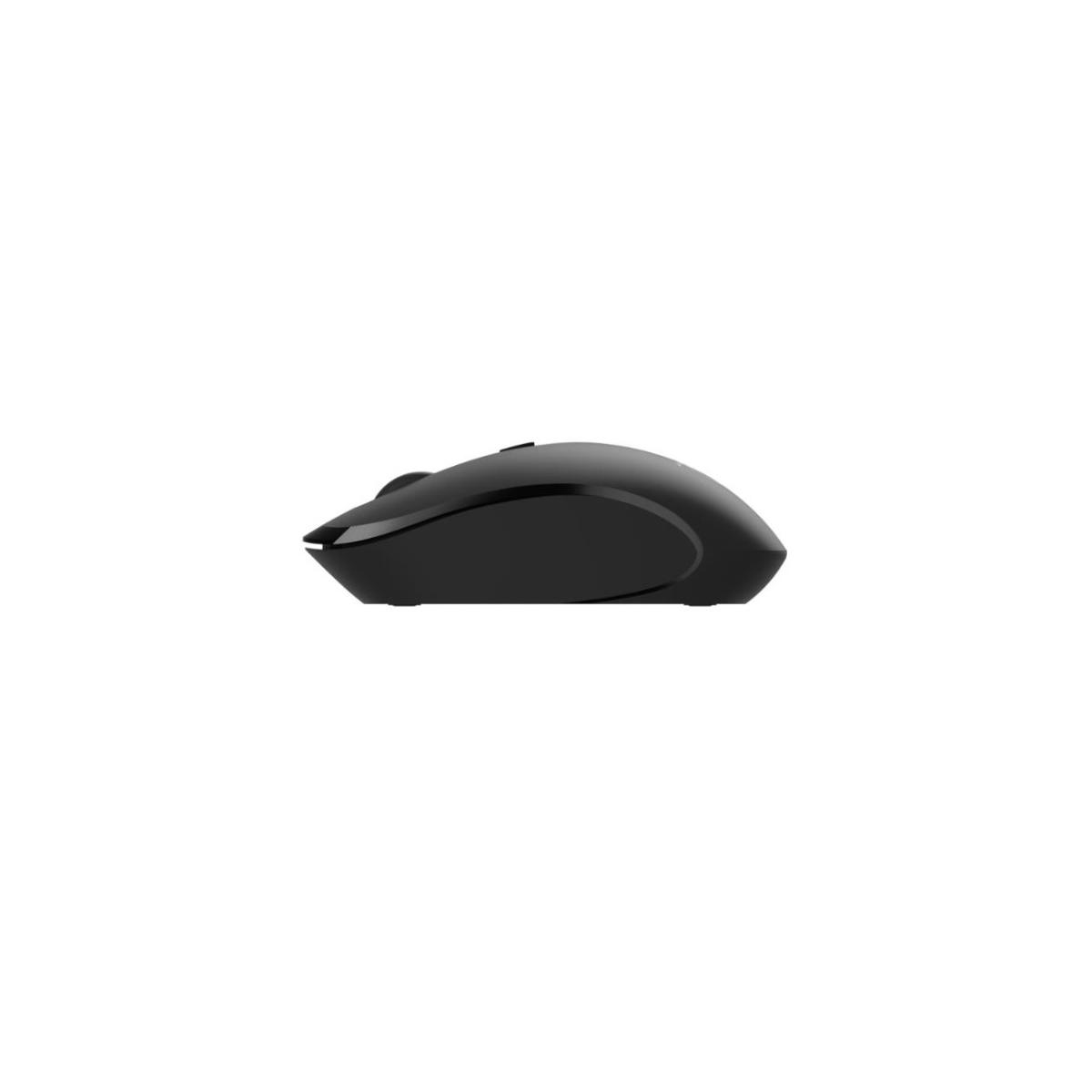 Mouse per computer nero di profilo su sfondo bianco.