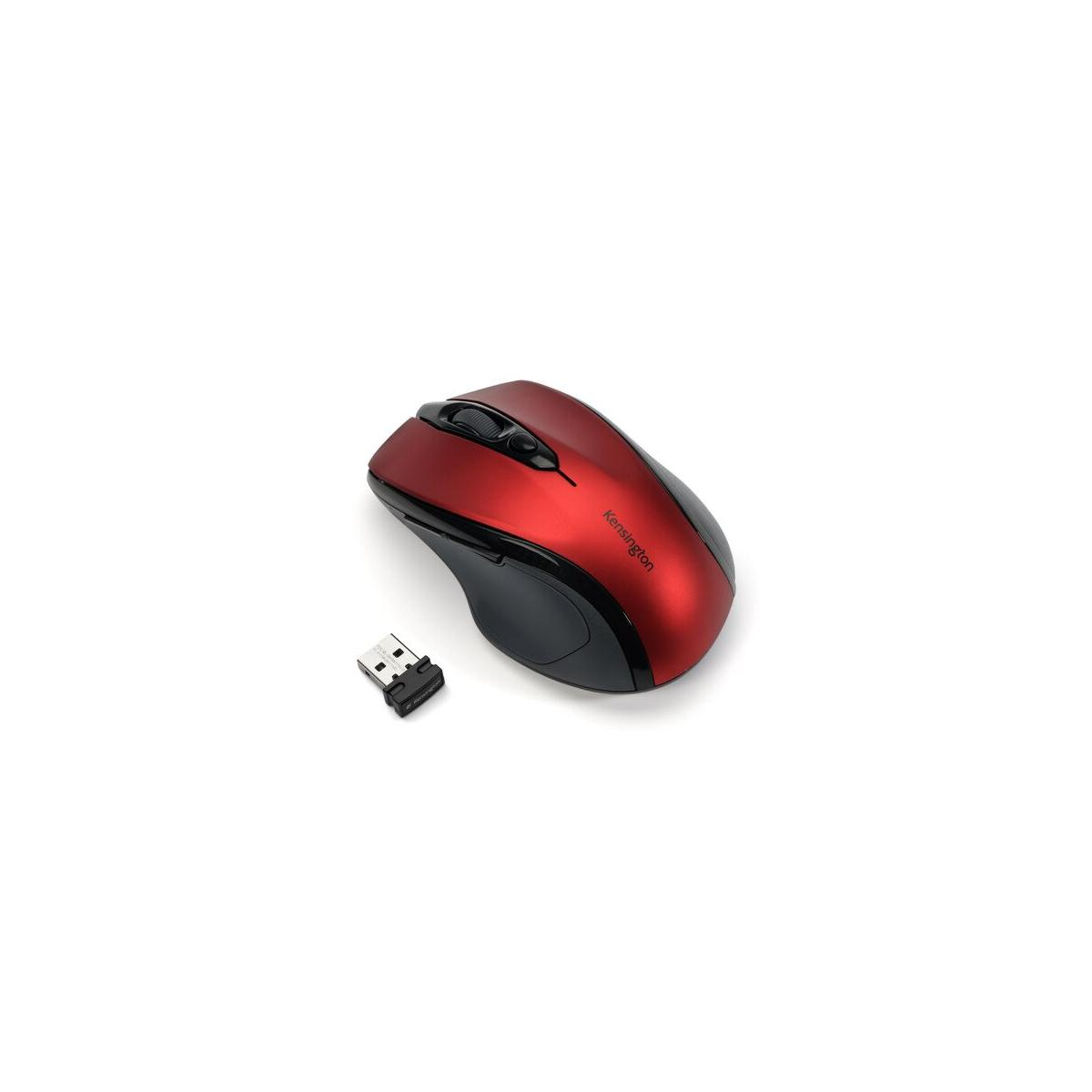 Un mouse wireless rosso e nero per computer con ricevitore USB.
