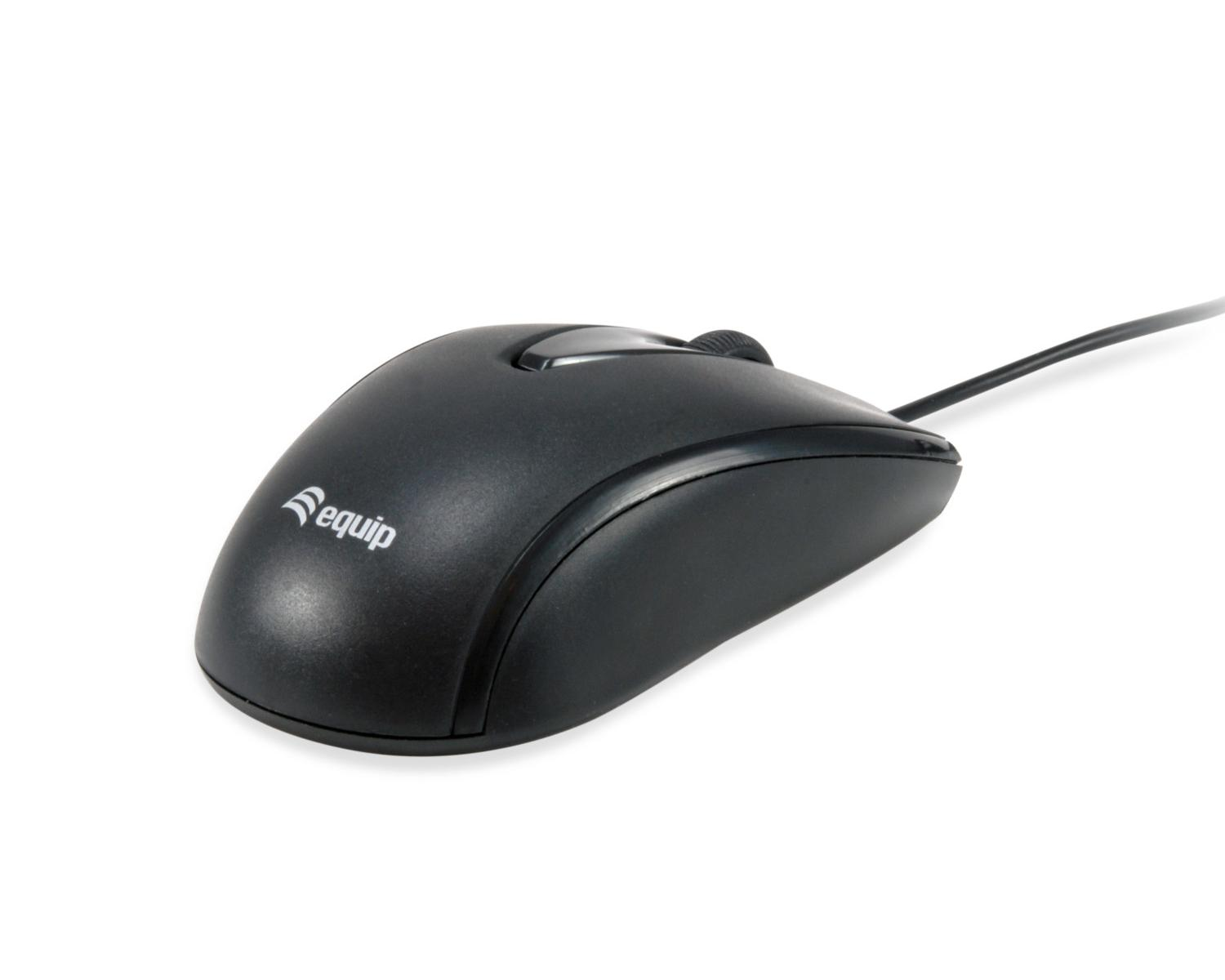 Een zwarte computermuis met kabel en het 'equip'-logo wordt op witte achtergrond getoond.