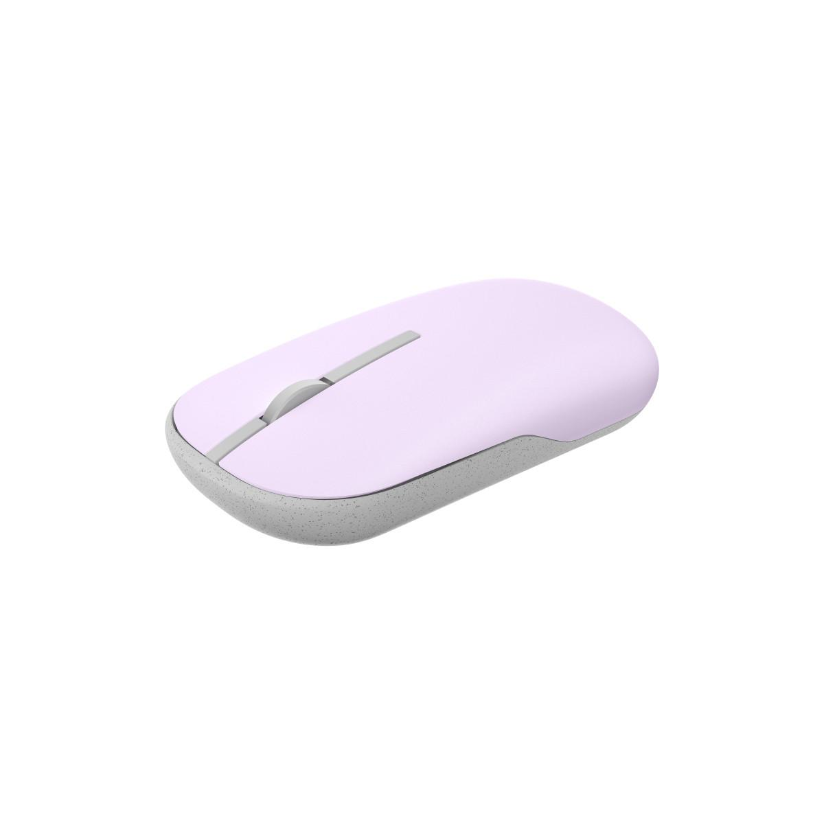 Un mouse per computer lavanda con rotellina grigia su sfondo bianco.