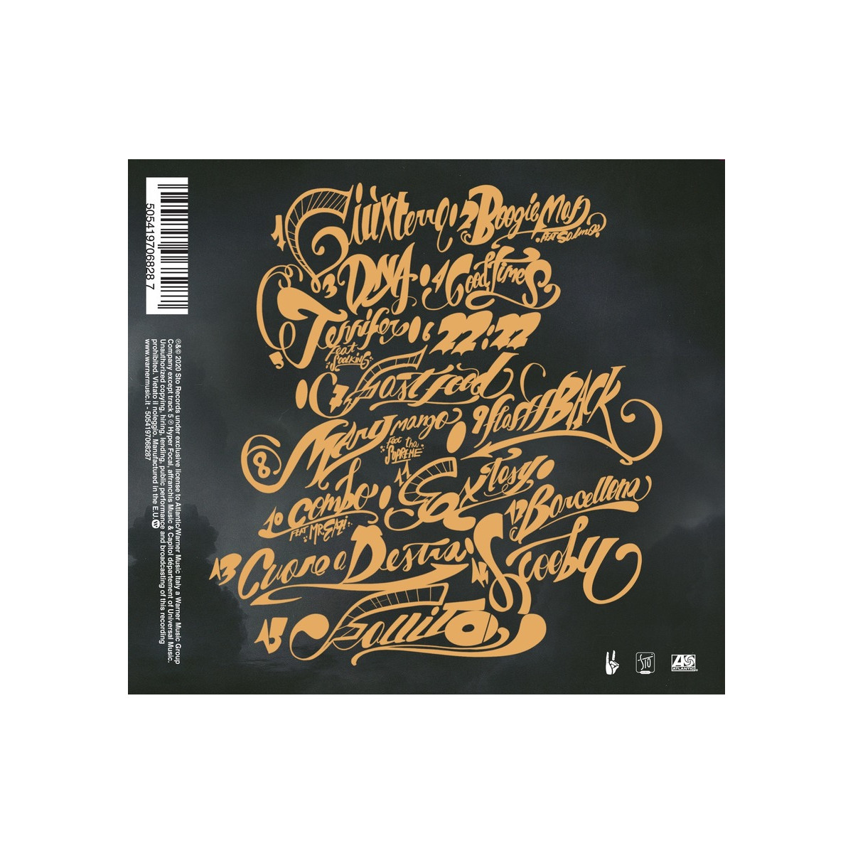 Calligrafia dorata su sfondo nero elenca i titoli delle canzoni.
