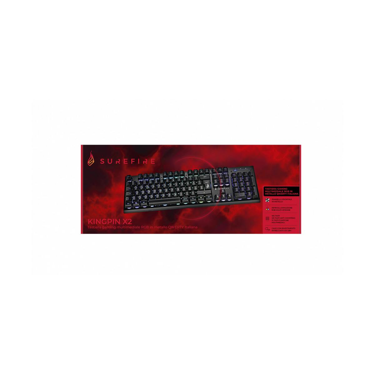 Tastiera gaming Surefire Kingpin X2 nera con illuminazione RGB e layout QWERTY italiano.