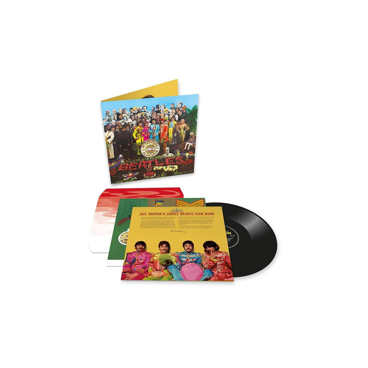 La copertina di Sgt. Pepper's Lonely Hearts Club Band e un disco in vinile su sfondo bianco.