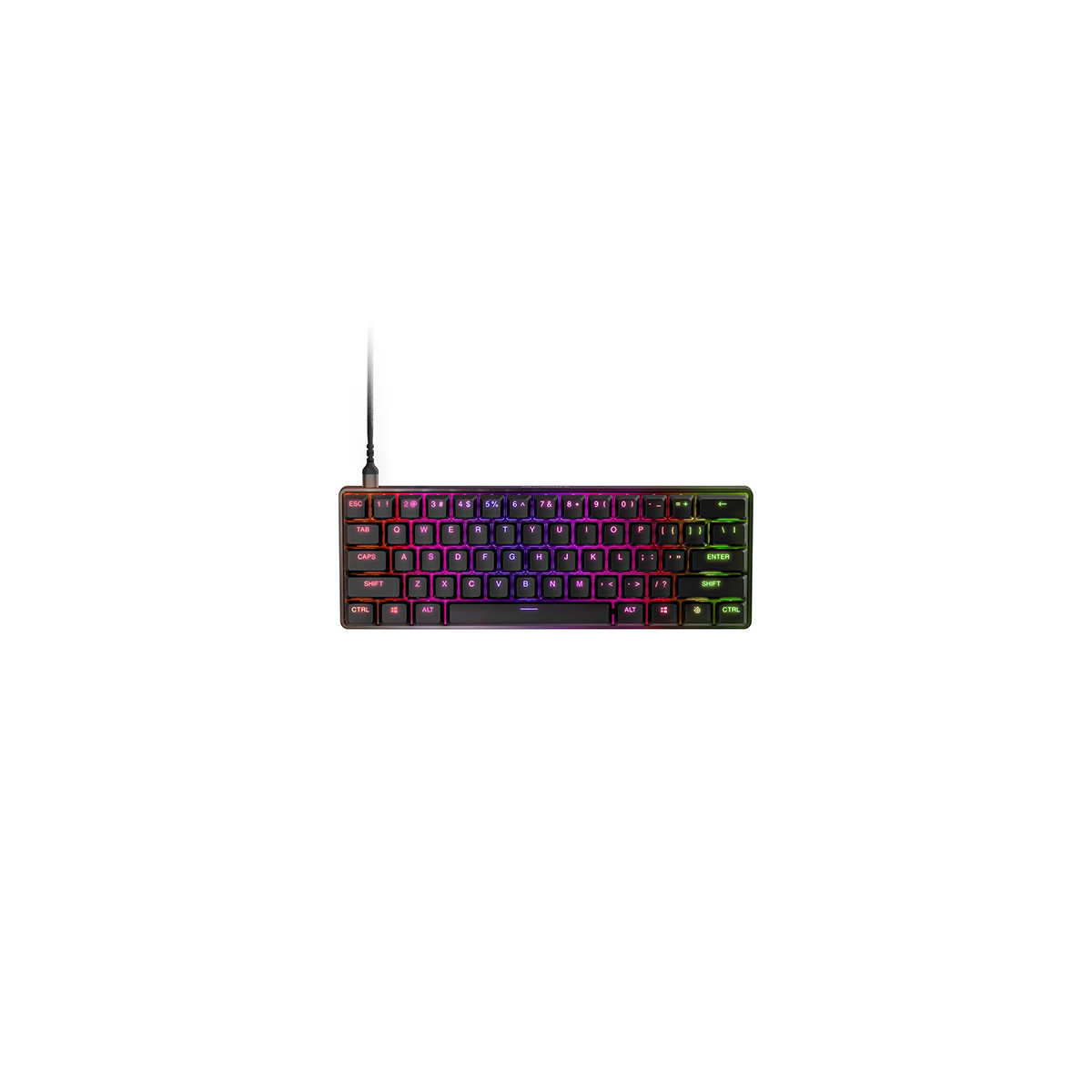 Un teclado compacto con iluminación RGB y carcasa negra.