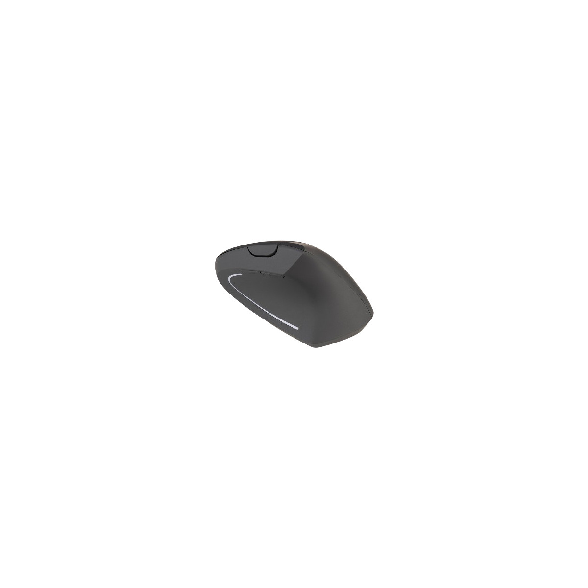 Un mouse per computer nero con striscia argentata su sfondo bianco.