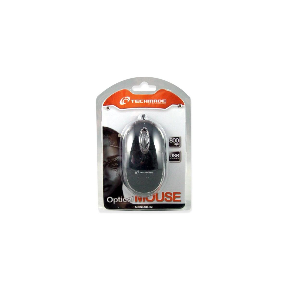 Mouse ottico nero in confezione retail con etichette "800 Dpi" e "USB Interface".