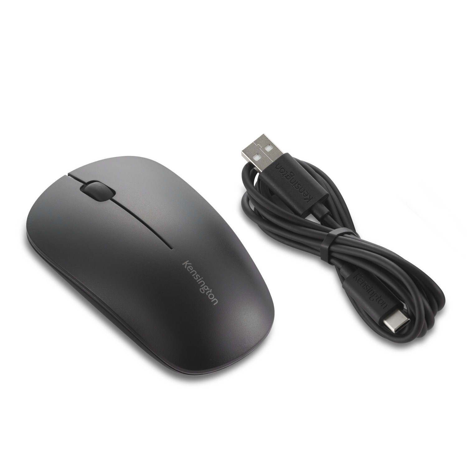 A dark grey Kensington computer mouse and USB-C charging cable.