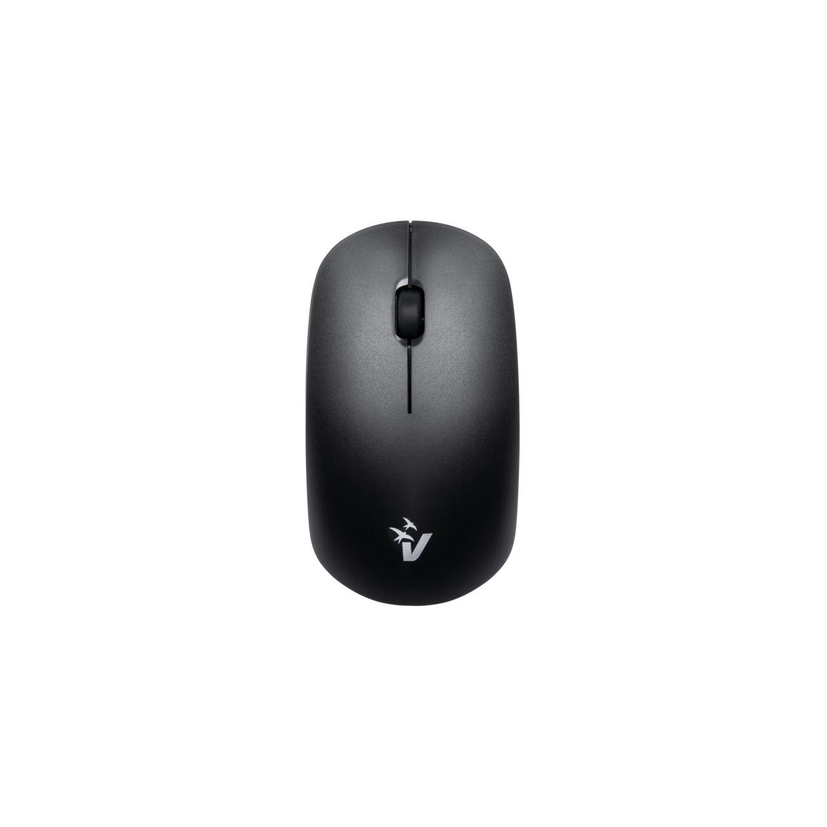 Een zwarte draadloze computermuis met scrollwiel en logo op witte achtergrond.