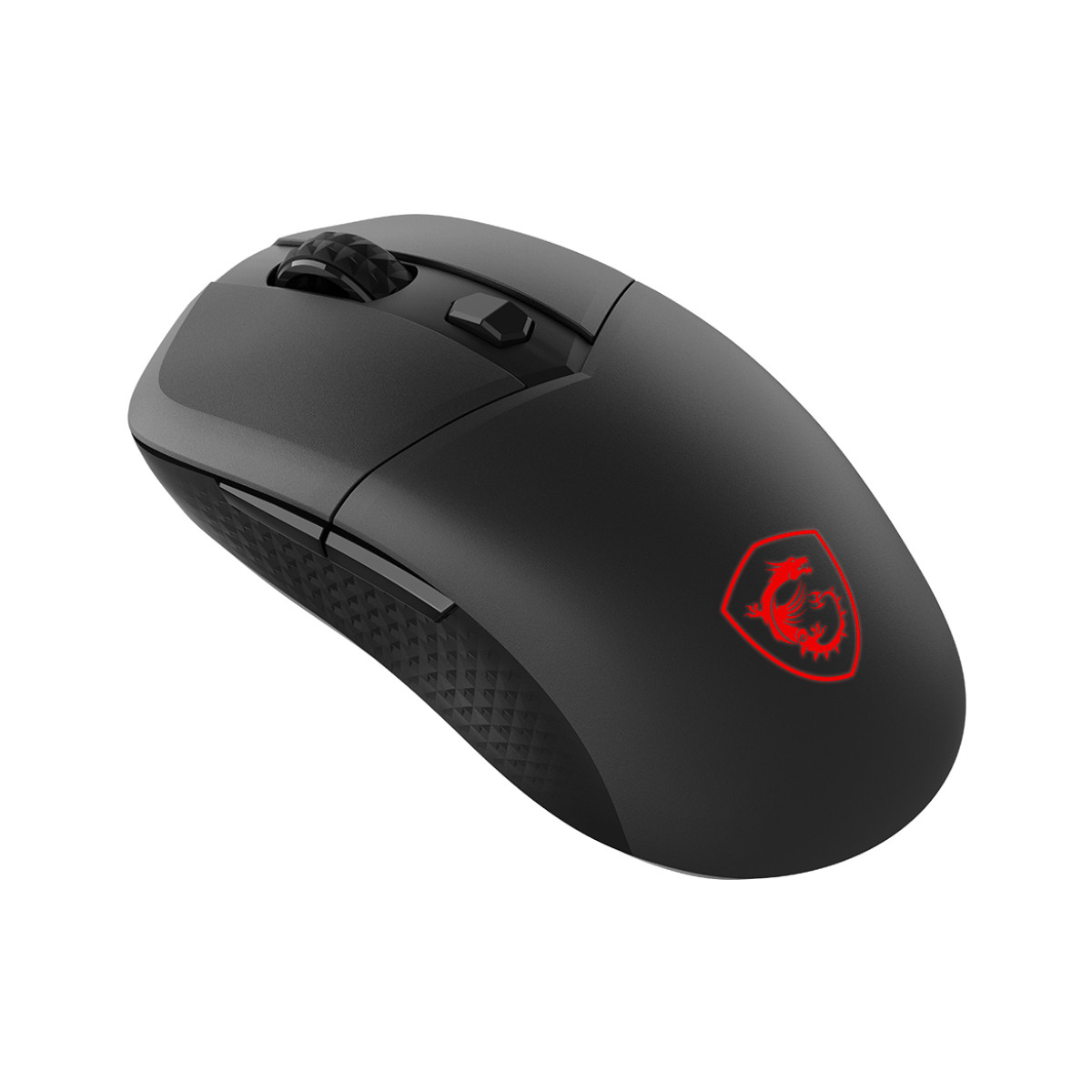 Schwarze Gaming-Maus mit rotem MSI-Drachenlogo und gummiertem Griff.