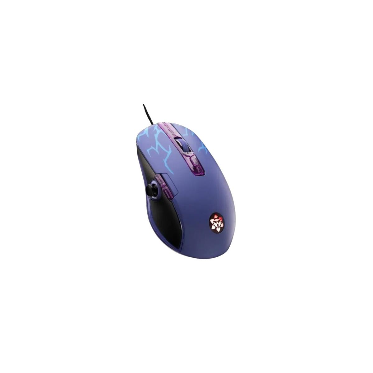 Un mouse da gaming blu con motivo a fulmine viola e logo illuminato.