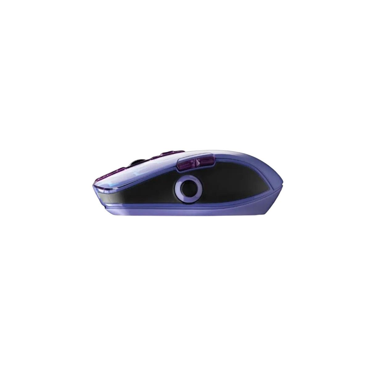 Un mouse per computer viola e nero con rotellina e pulsante.
